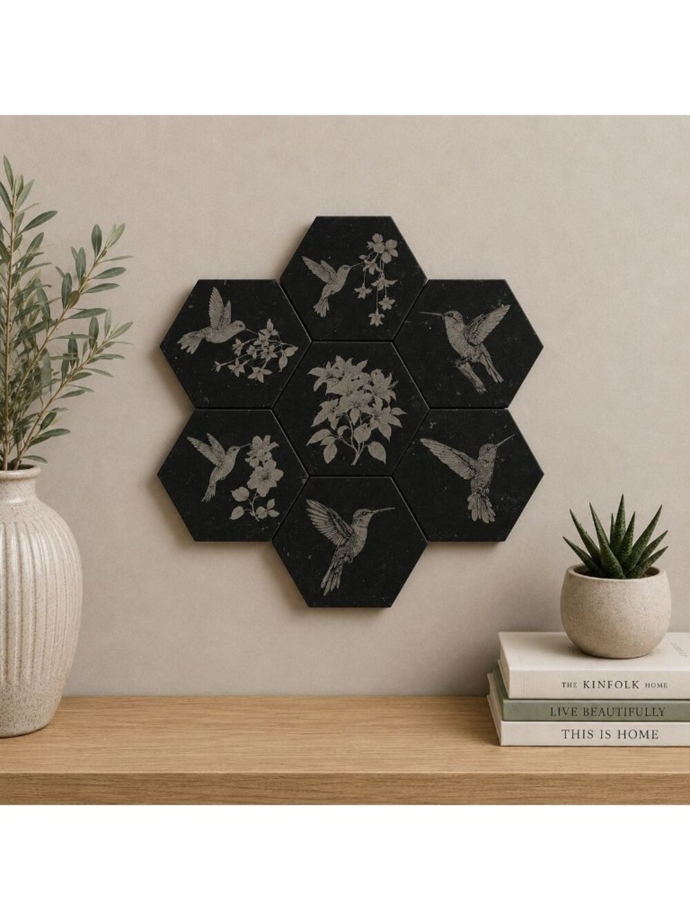 Hexagon Bird Tile Set of 7 Engraved Hummingbirds and Flower 3" Mosaic Tile